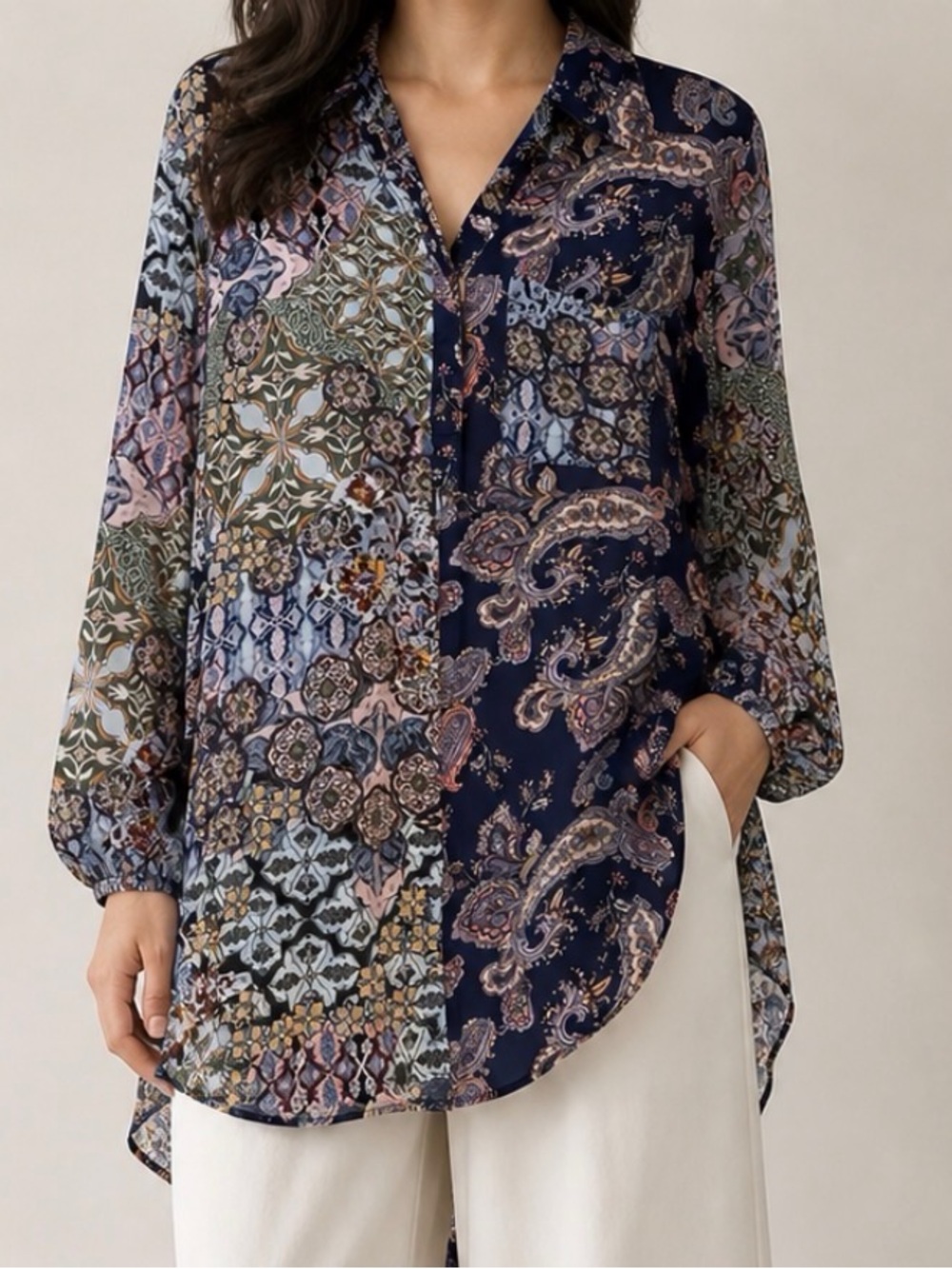 Fig and Flower Navy Paisley Floral Boho Top